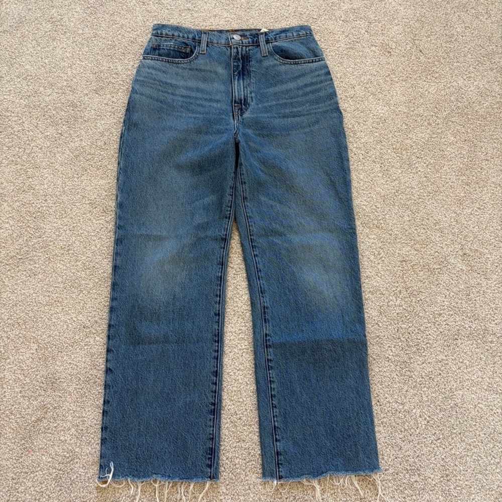 FRAME Le Jane Crop Jeans Womens 27 Medium Wash Straight Wide Leg Raw Hem Rigid